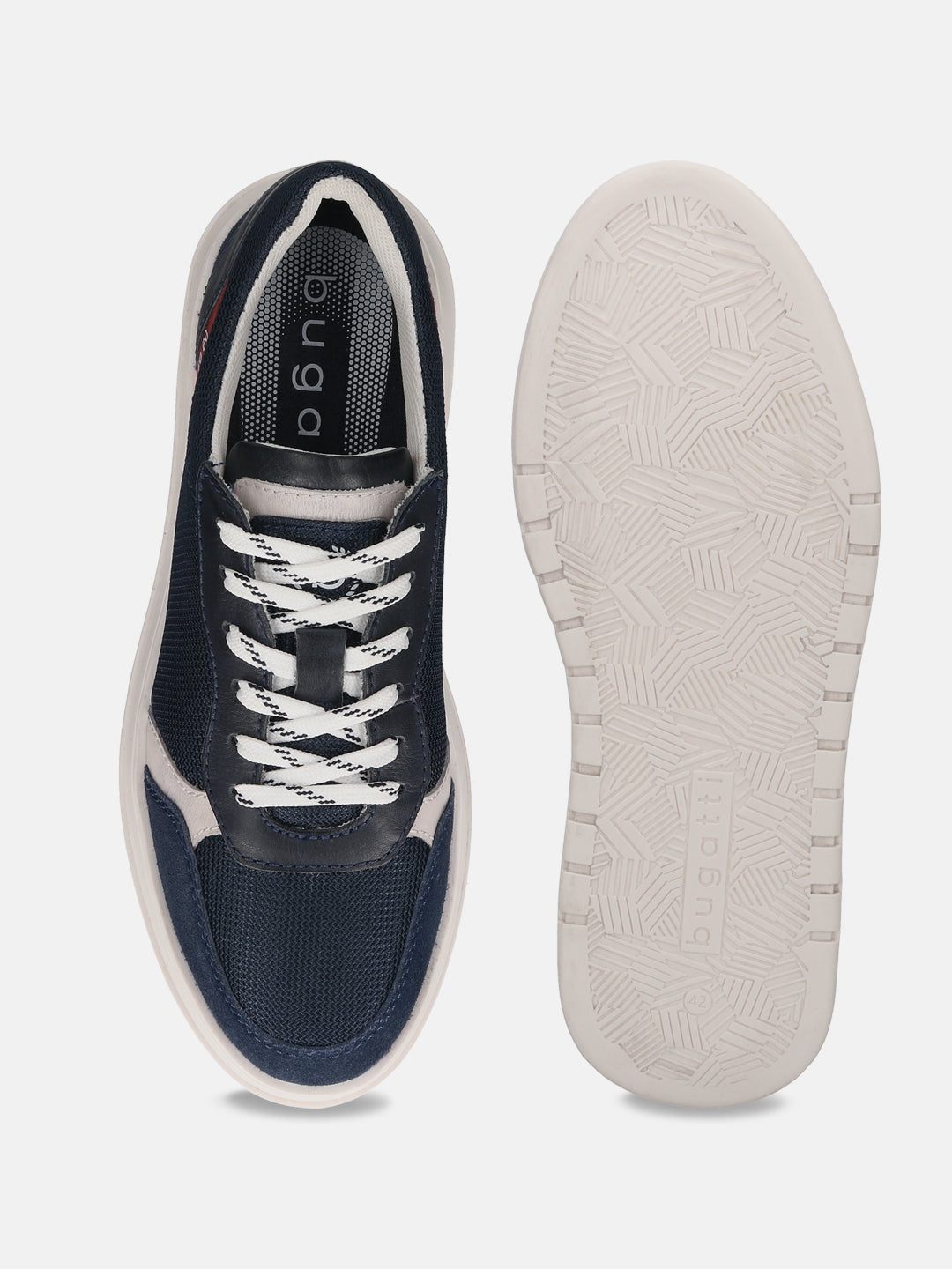 Dark blue sneaker by bugatti, showing uppers and soles with textured patterns and white laces.
