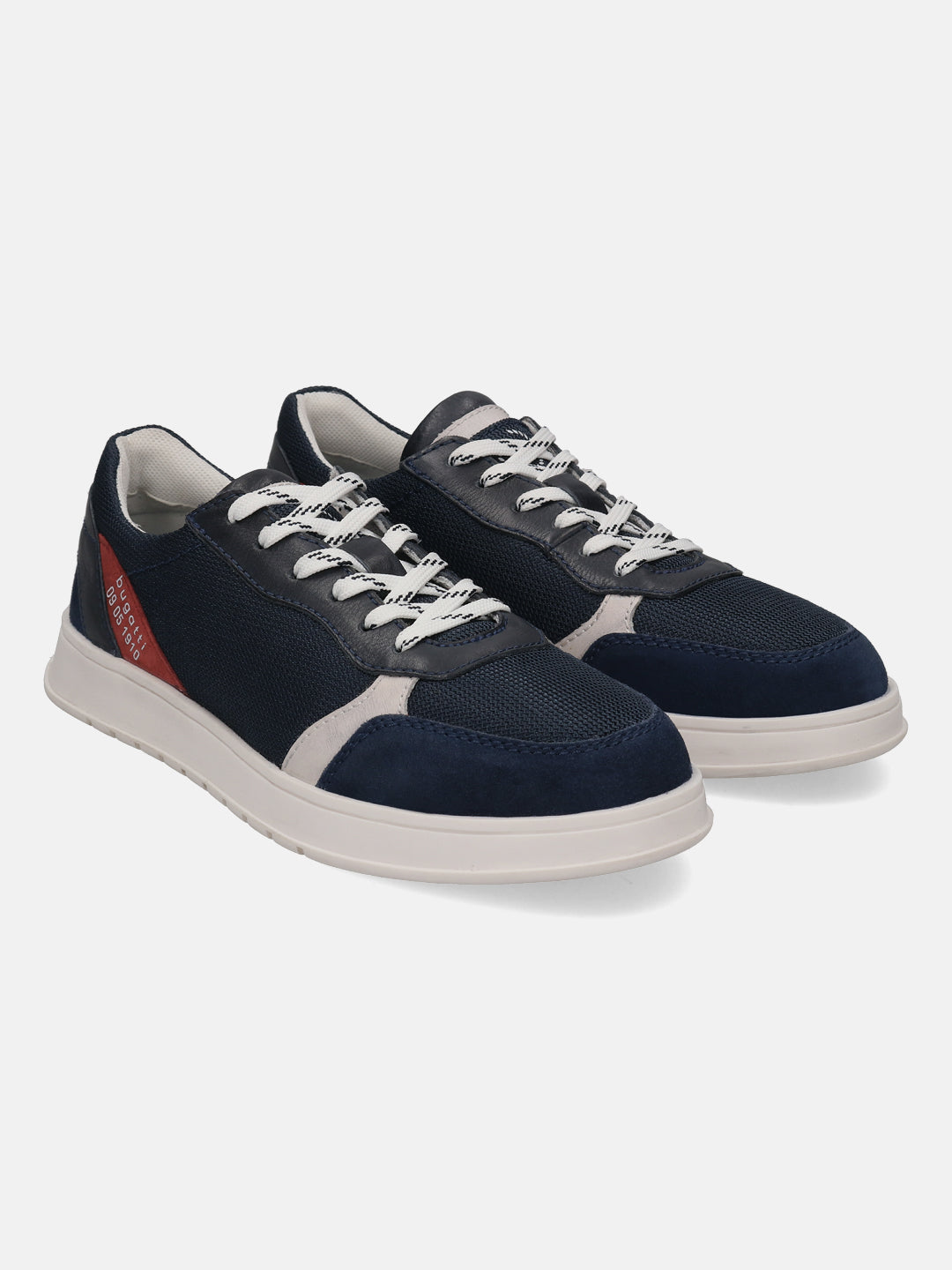 Dark blue sneaker by bugatti with a breathable mesh upper, suede accents, and white laces.