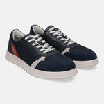 Dark blue sneaker by bugatti with a breathable mesh upper, suede accents, and white laces.