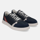 Dark blue sneaker by bugatti with a breathable mesh upper, suede accents, and white laces.