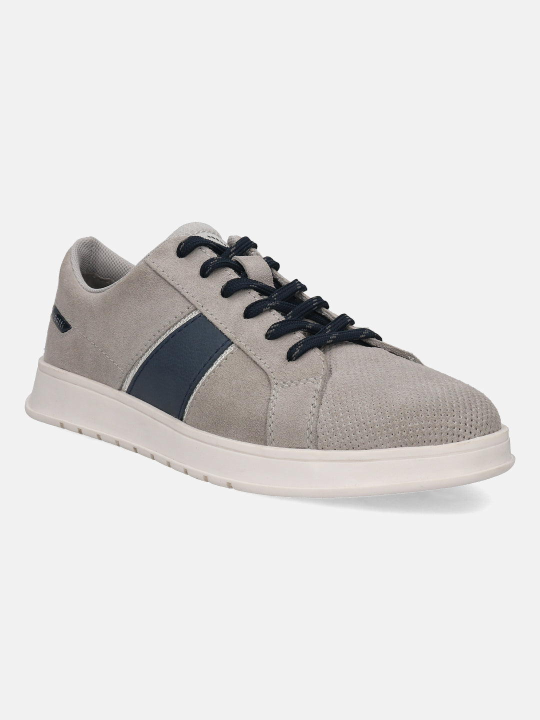 Gray premium leather sneakers by bugatti with a dark blue accent stripe and textured detailing, shown in a side view.
