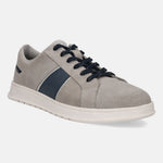 Gray premium leather sneakers by bugatti with a dark blue accent stripe and textured detailing, shown in a side view.
