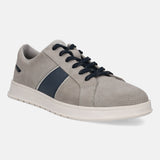 Gray premium leather sneakers by bugatti with a dark blue accent stripe and textured detailing, shown in a side view.
