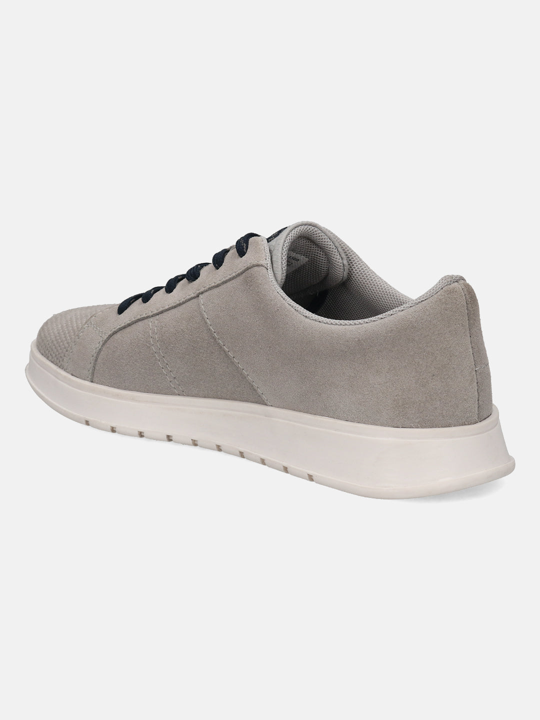 Grey leather sneakers by bugatti with dark laces and a white sole, shown in a side view.