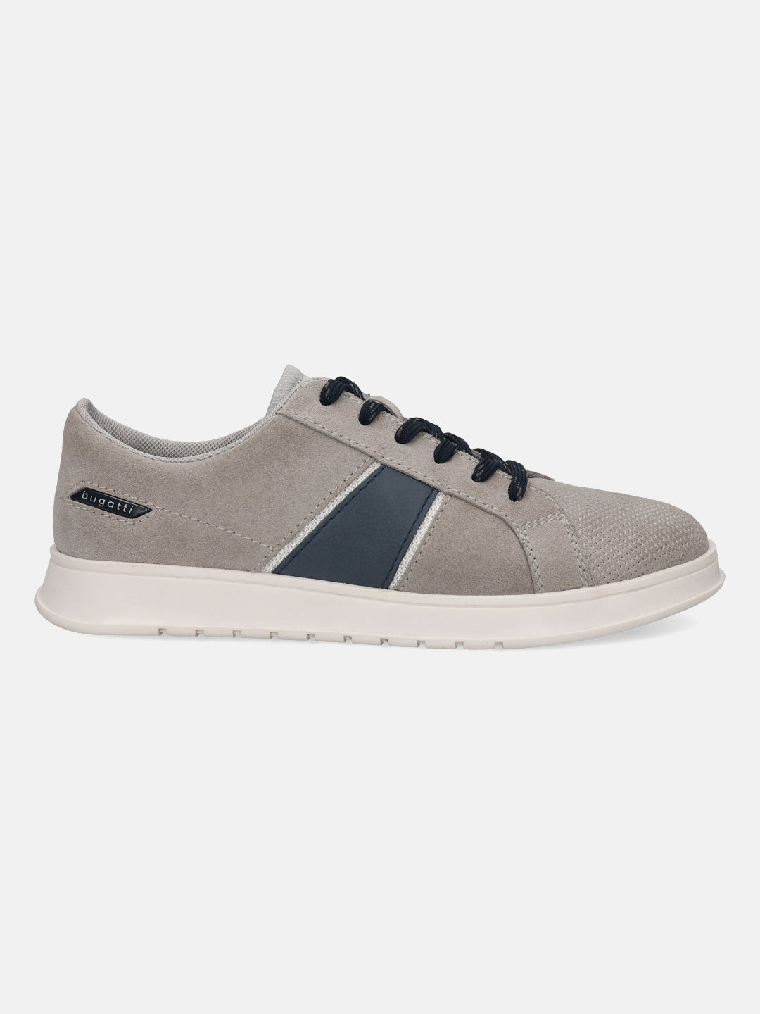 Gray suede sneaker by Bugatti, with navy and silver accent stripe and black laces, shown in a side view.
