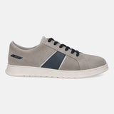 Gray suede sneaker by Bugatti, with navy and silver accent stripe and black laces, shown in a side view.
