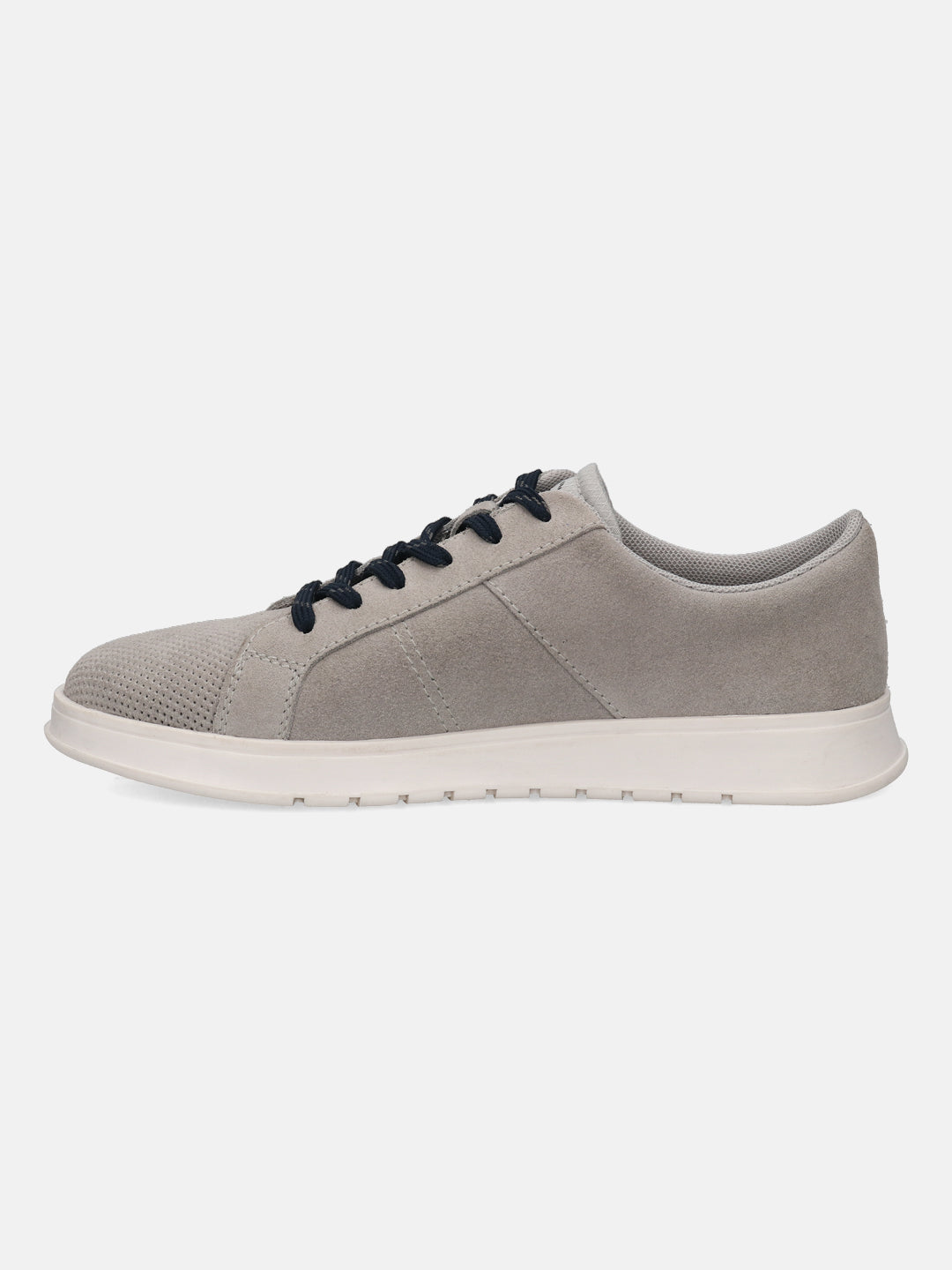 Grey leather sneaker by bugatti with dark blue laces and a white sole, shown in a side view.