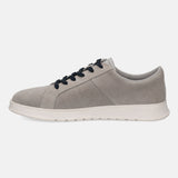 Grey leather sneaker by bugatti with dark blue laces and a white sole, shown in a side view.