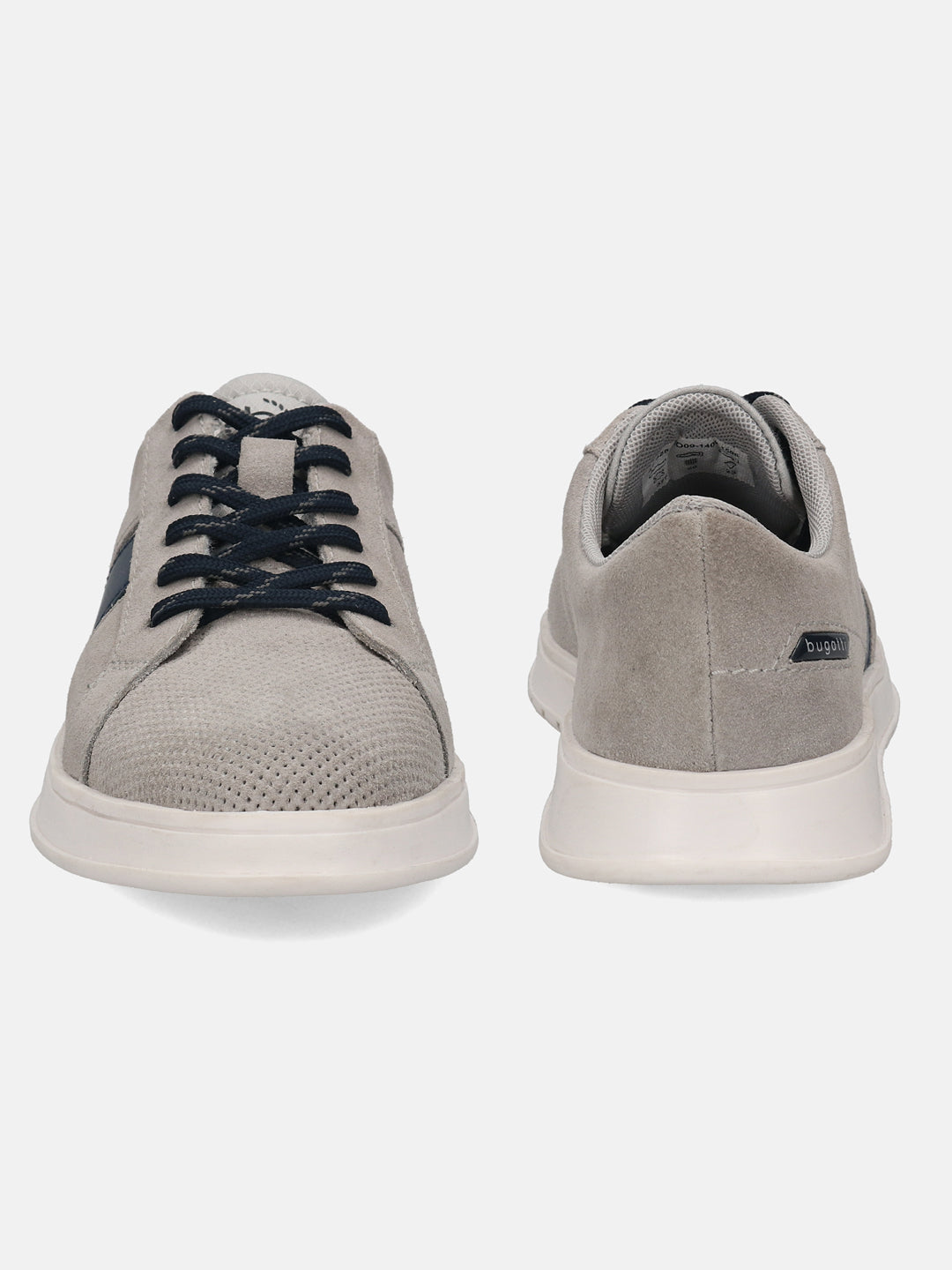 Gray leather sneakers by bugatti with navy blue laces, shown in a front and rear view.