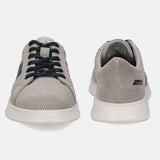 Gray leather sneakers by bugatti with navy blue laces, shown in a front and rear view.