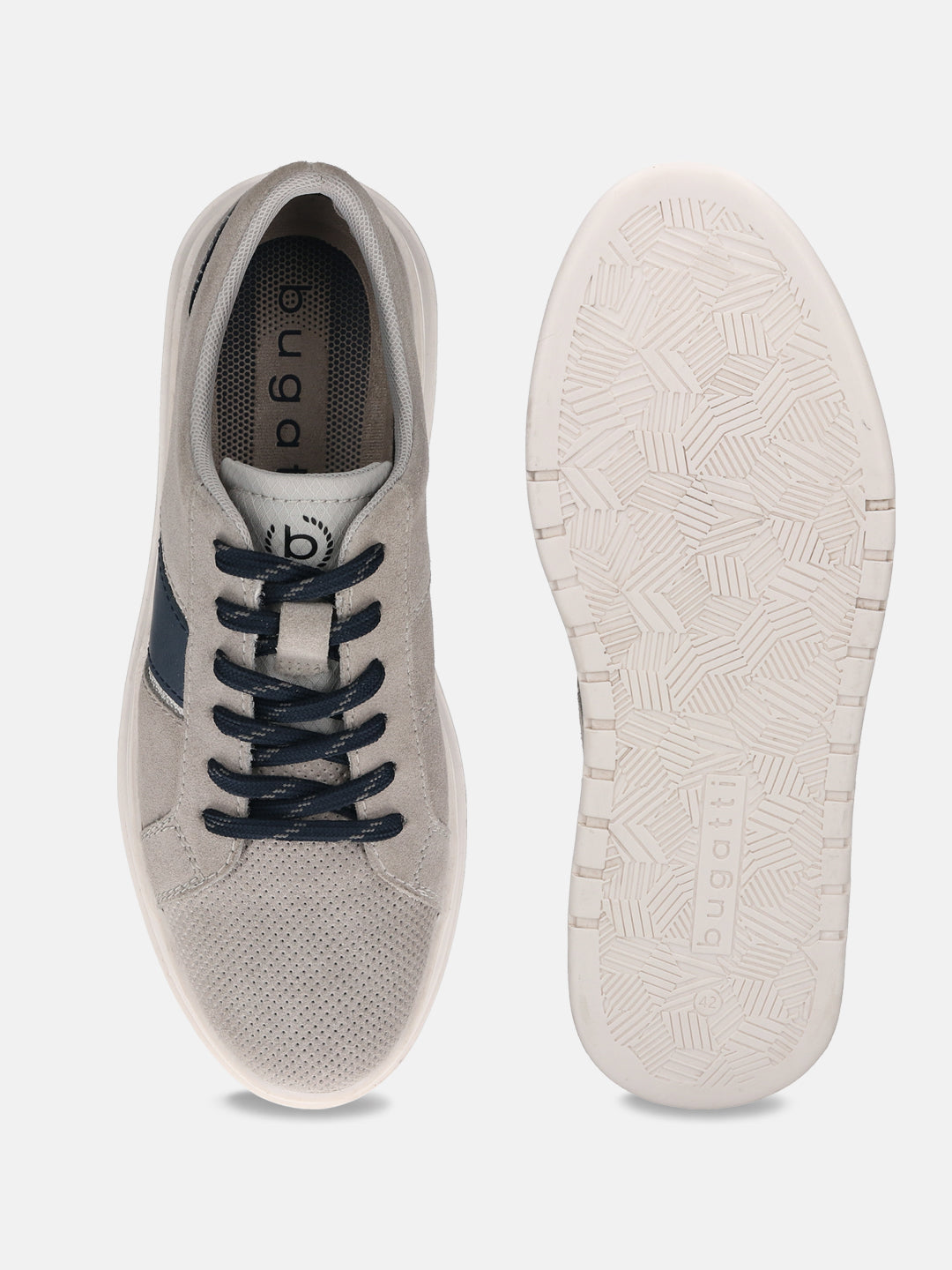 Grey leather sneakers by bugatti with dark blue accents, shown with visible outsole.
