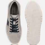 Grey leather sneakers by bugatti with dark blue accents, shown with visible outsole.