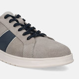 Grey suede sneaker by bugatti, with navy laces and perforated toebox.