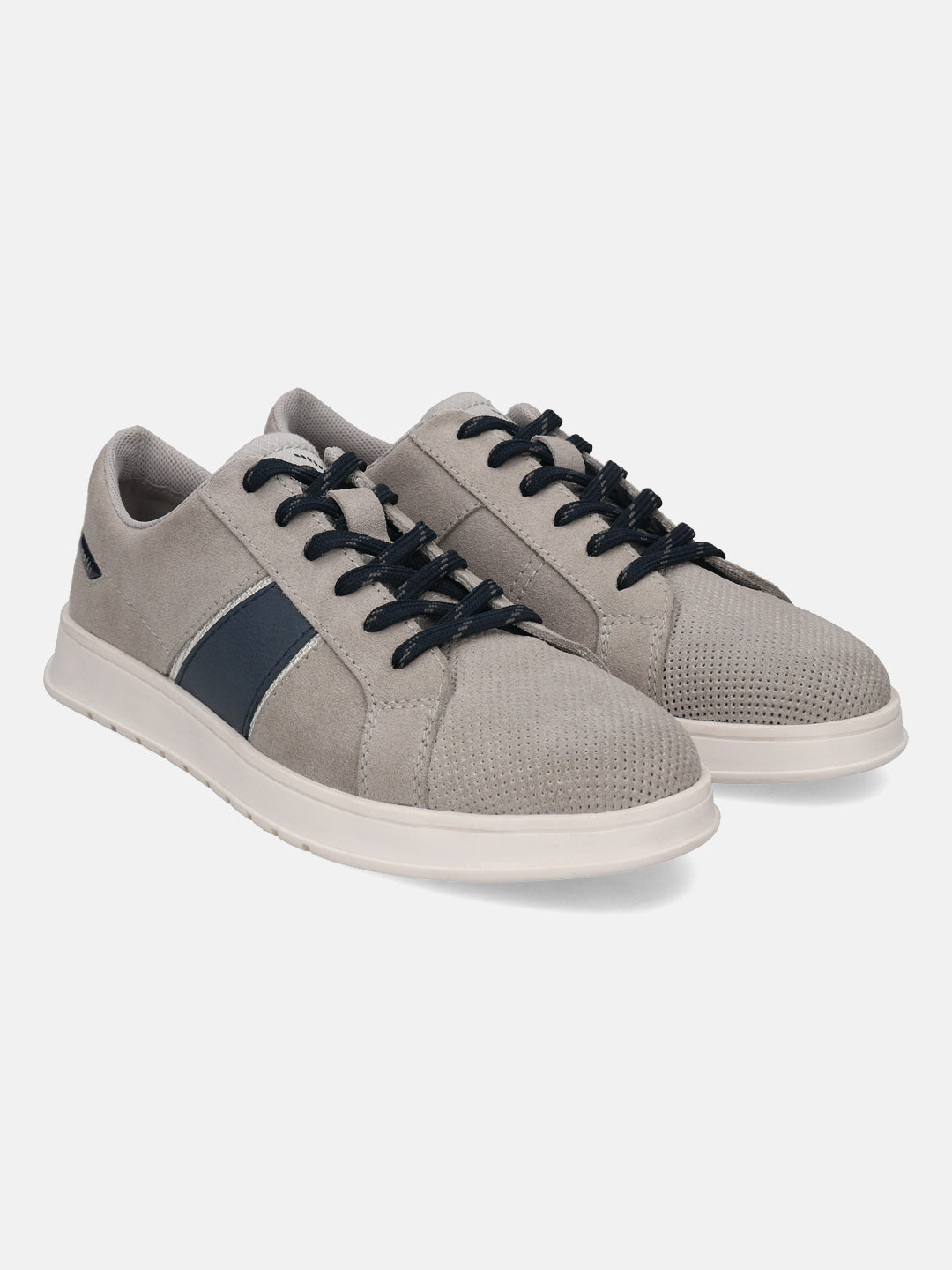 Grey leather sneakers by bugatti, featuring navy blue stripes and black laces, with a perforated toe.