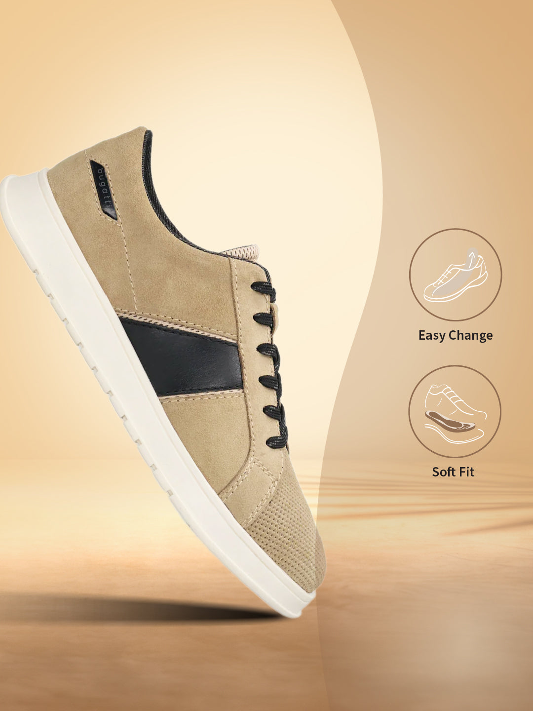 Beige leather sneaker by bugatti, with black accents and black laces, floating at an angle.
