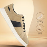 Beige leather sneaker by bugatti, with black accents and black laces, floating at an angle.