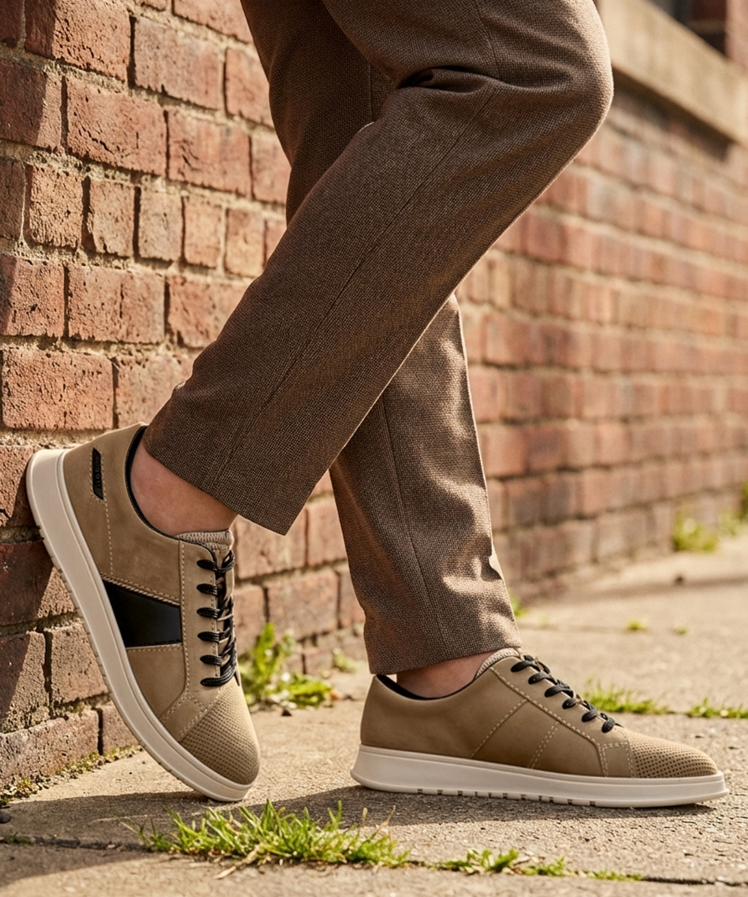 bugatti Fiero beige leather sneakers with black laces and a white sole, worn with brown trousers.
