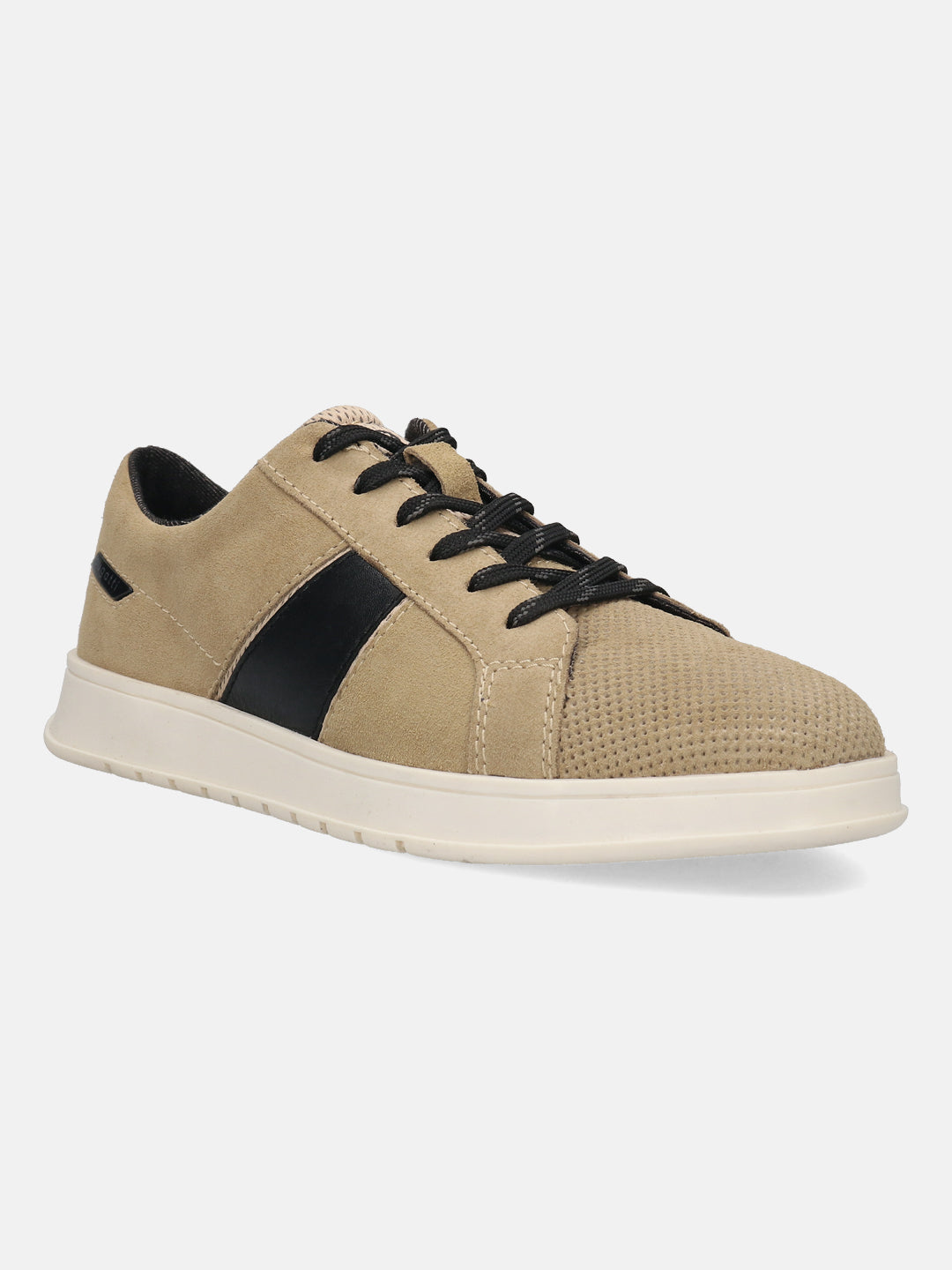 Beige leather sneakers by bugatti with black accents, black laces, and a flat white sole.