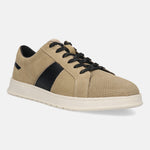 Beige leather sneakers by bugatti with black accents, black laces, and a flat white sole.