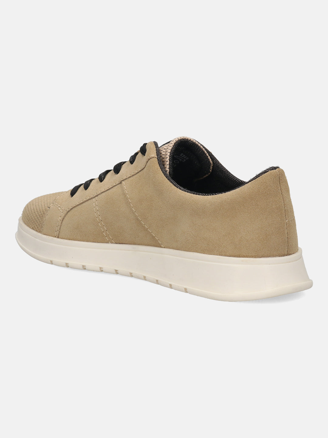 Beige leather comfort sneakers by bugatti with black laces and a textured toe.