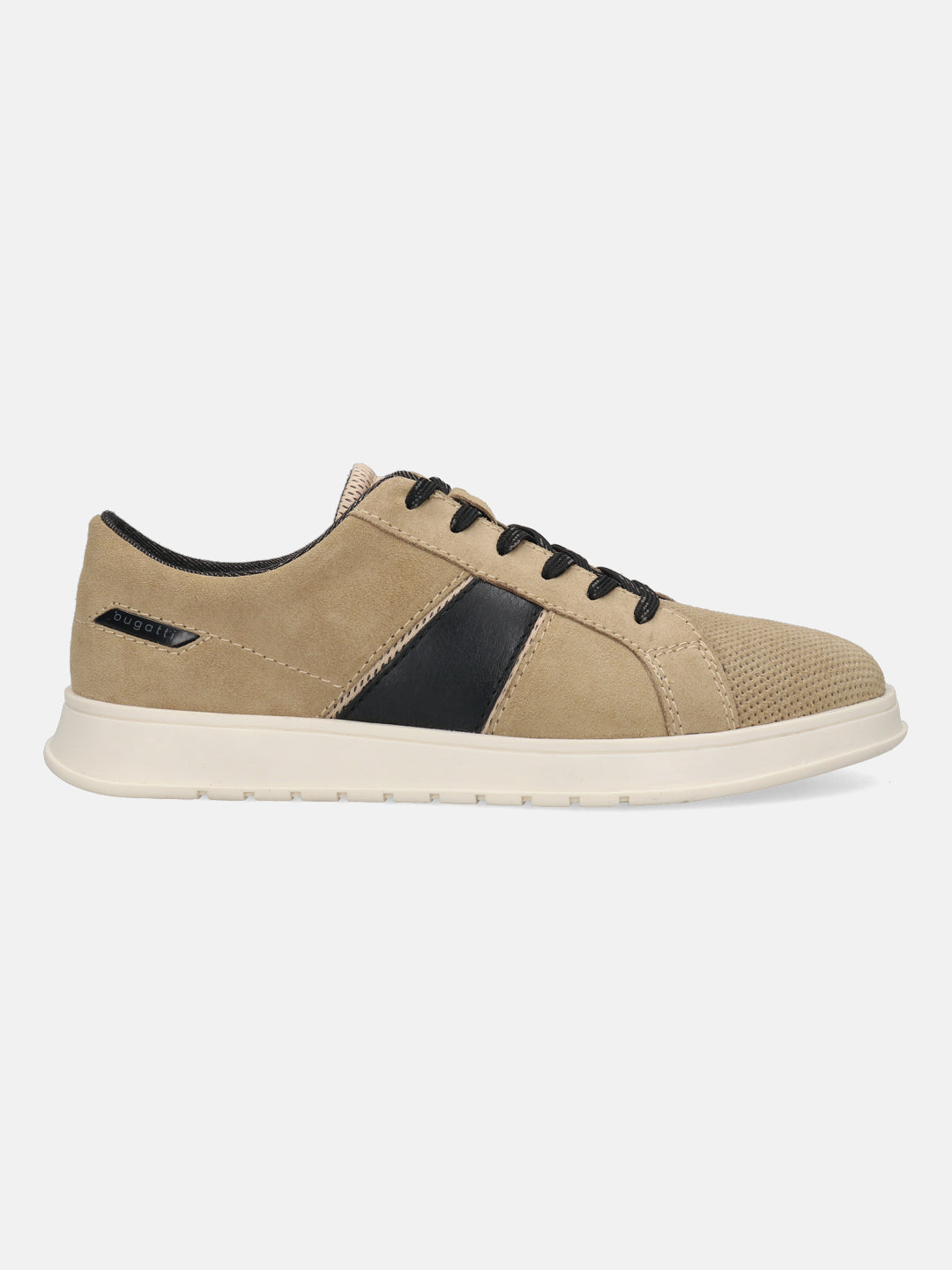Beige leather sneaker by bugatti, with black accents and black laces, on a white sole.