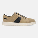 Beige leather sneaker by bugatti, with black accents and black laces, on a white sole.