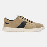 Beige leather sneaker by bugatti, with black accents and black laces, on a white sole.
