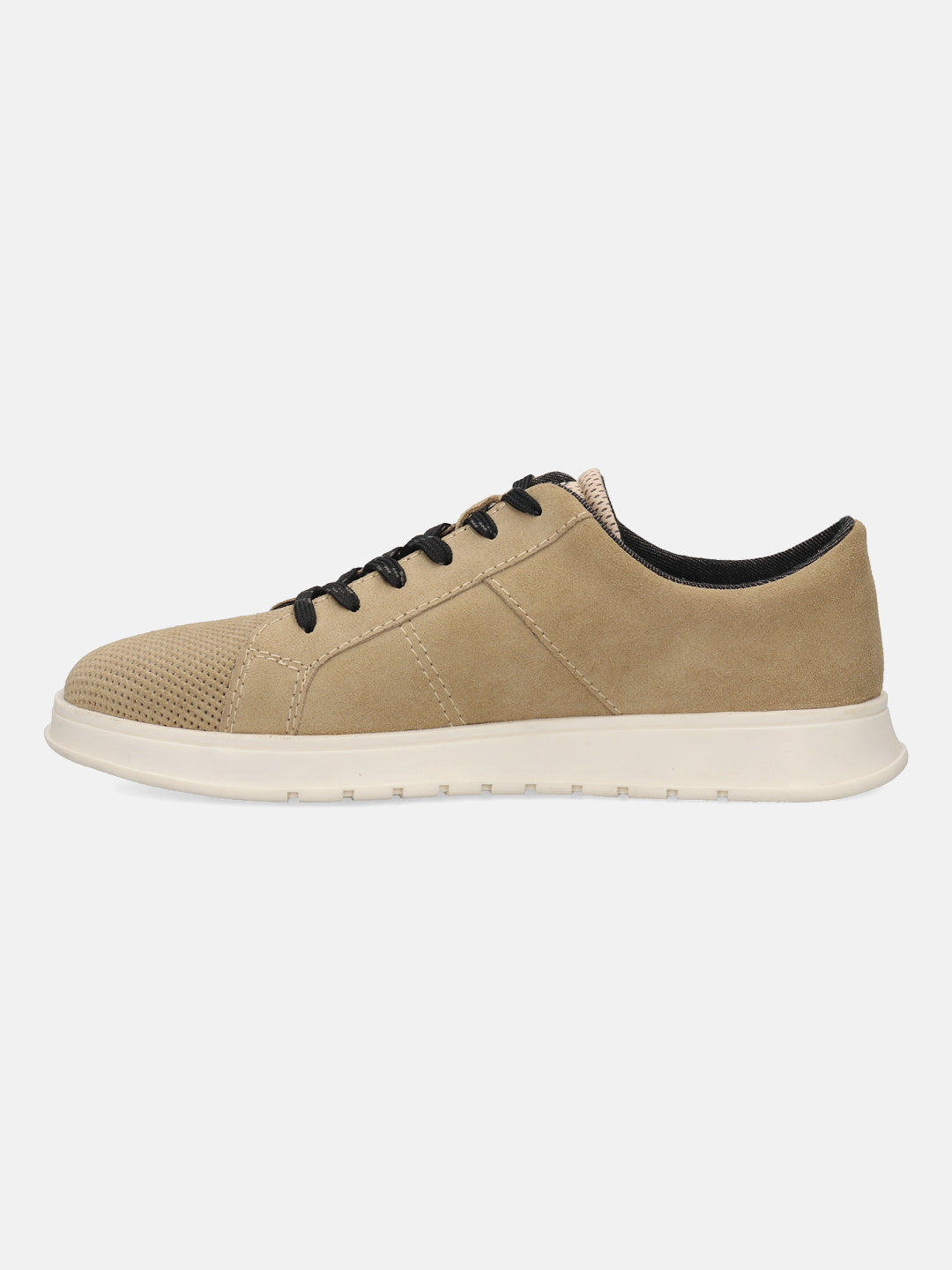 Beige leather comfort sneakers by bugatti, with black laces and a white sole, shown in a side view.