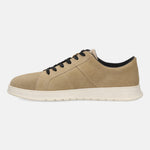 Beige leather comfort sneakers by bugatti, with black laces and a white sole, shown in a side view.