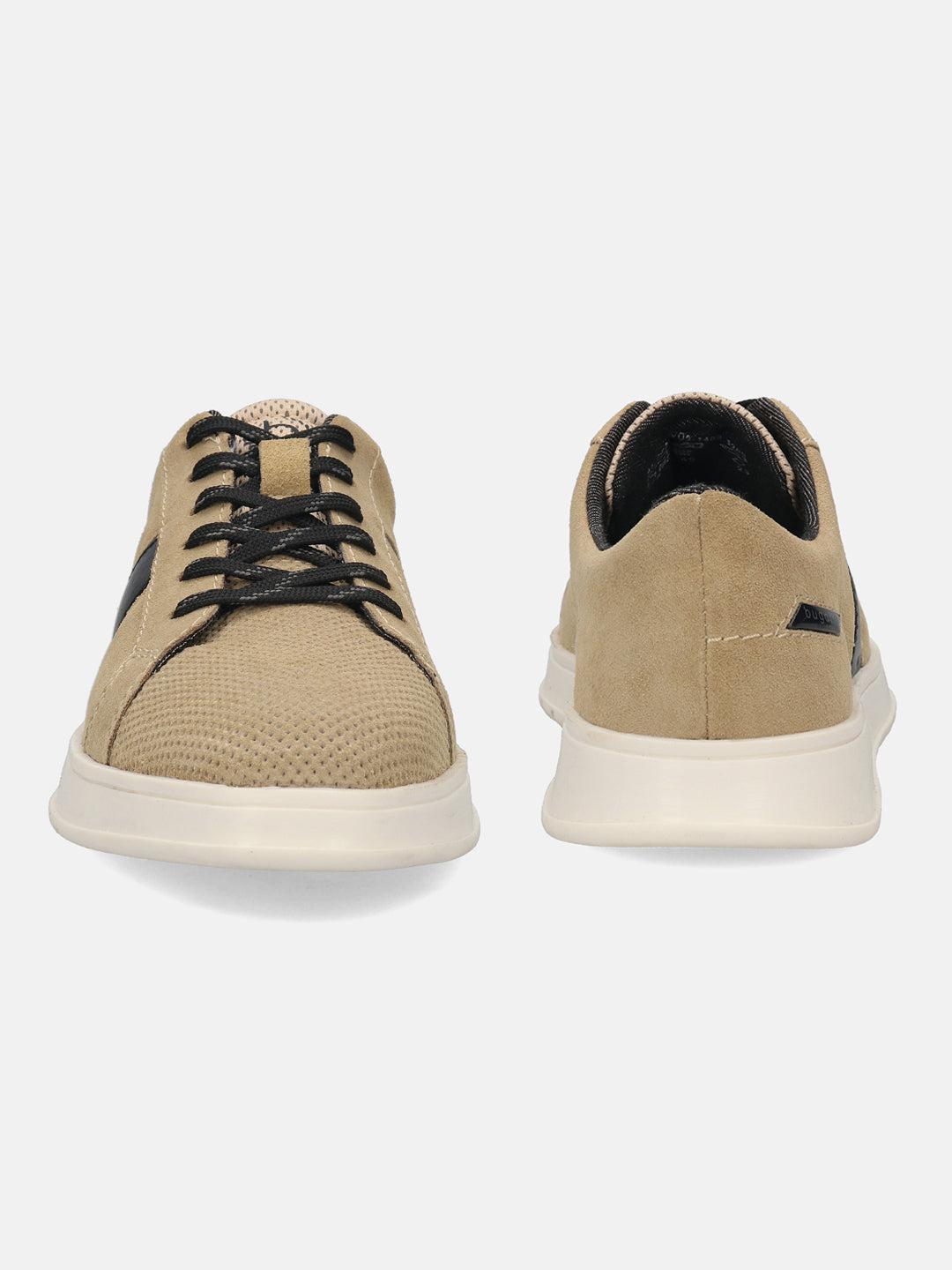 Beige premium leather sneakers by bugatti, with black laces and a white rubber sole.