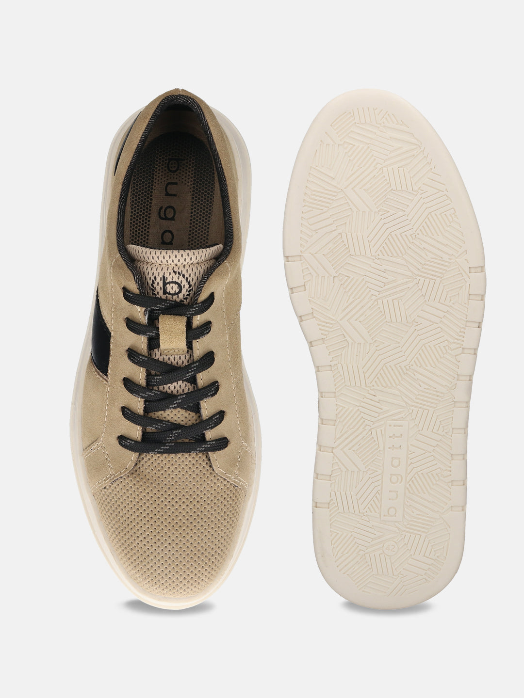 Beige leather sneaker by bugatti with black laces and visible patterned sole.