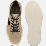 Beige leather sneaker by bugatti with black laces and visible patterned sole.