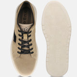 Beige leather sneaker by bugatti with black laces and visible patterned sole.