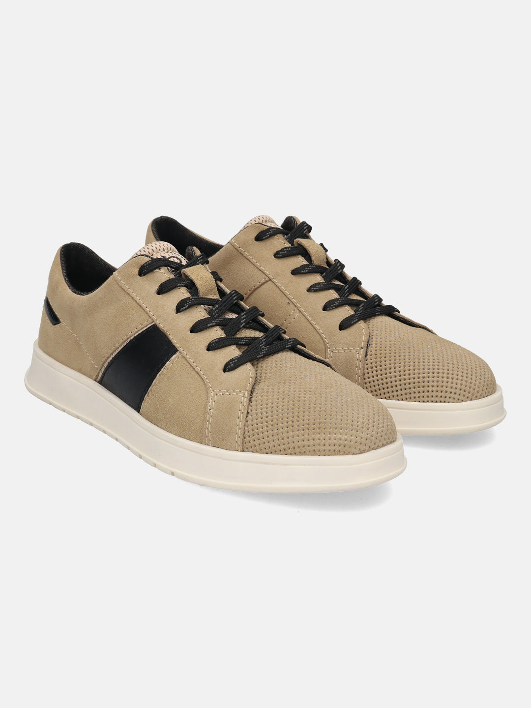 Beige leather sneakers by Bugatti with a black side stripe and black laces.