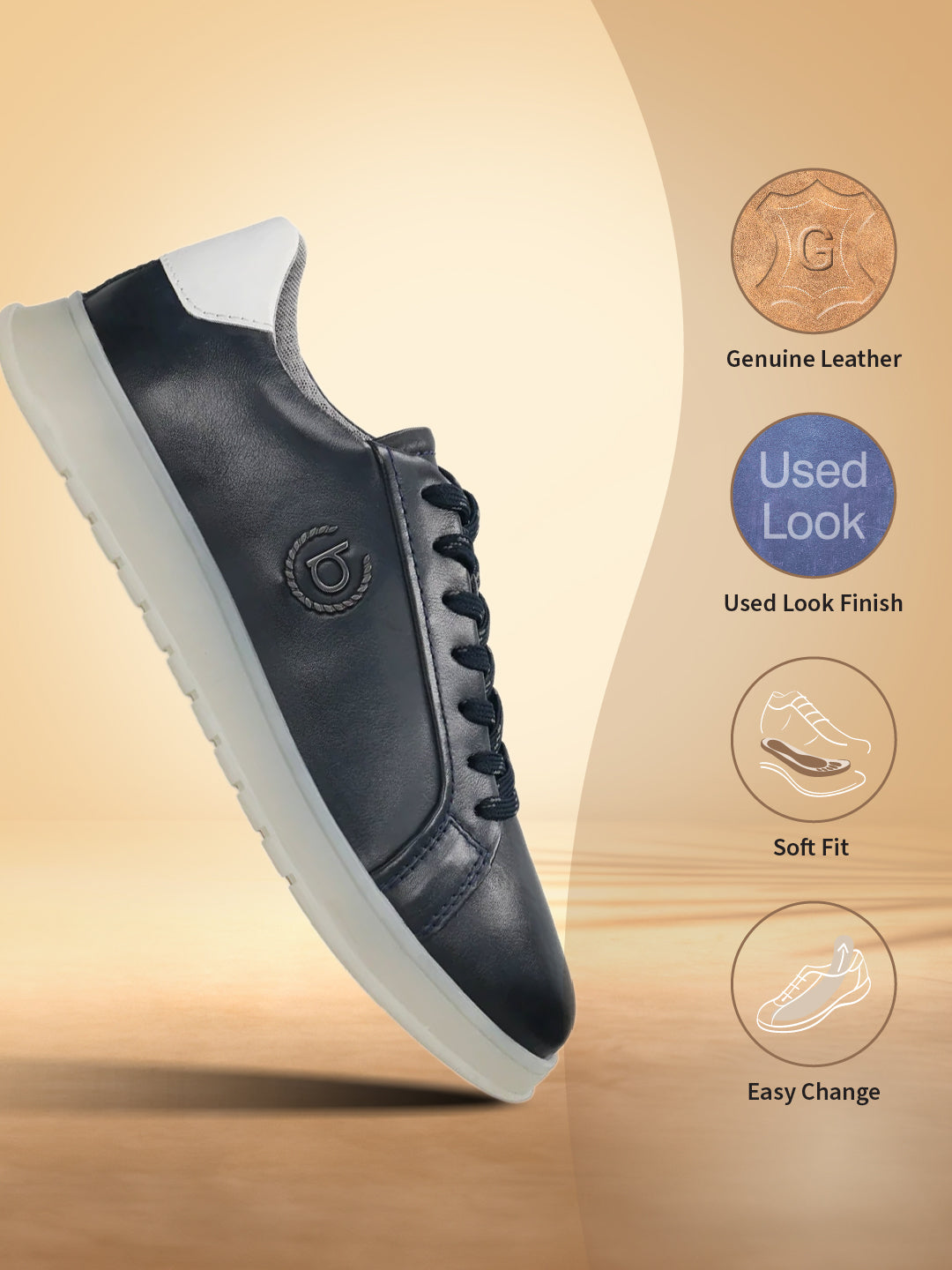 Dark blue leather comfort sneakers by bugatti with a white sole and heel accent.