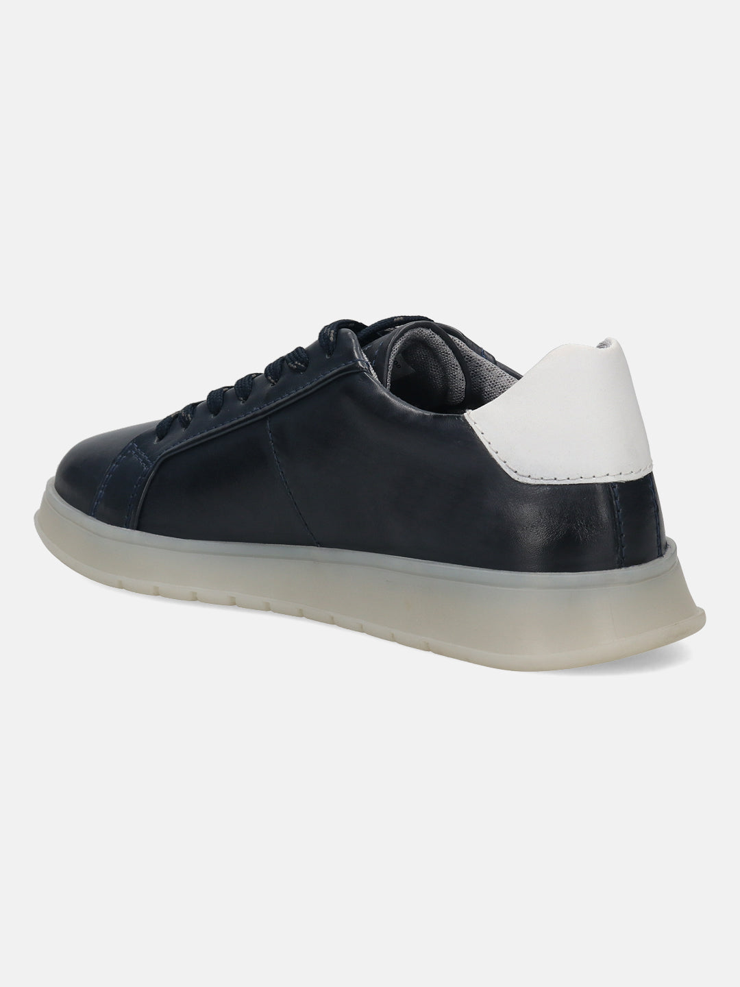 Dark blue leather sneaker by bugatti with a white heel detail and translucent sole, shown in a three-quarter view.