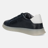 Dark blue leather sneaker by bugatti with a white heel detail and translucent sole, shown in a three-quarter view.