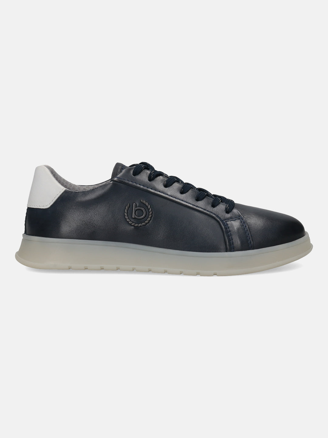 Dark blue leather sneakers by bugatti with a white heel and a translucent sole.