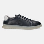 Dark blue leather sneakers by bugatti with a white heel and a translucent sole.