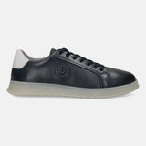 Dark blue leather sneakers by bugatti with a white heel and a translucent sole.