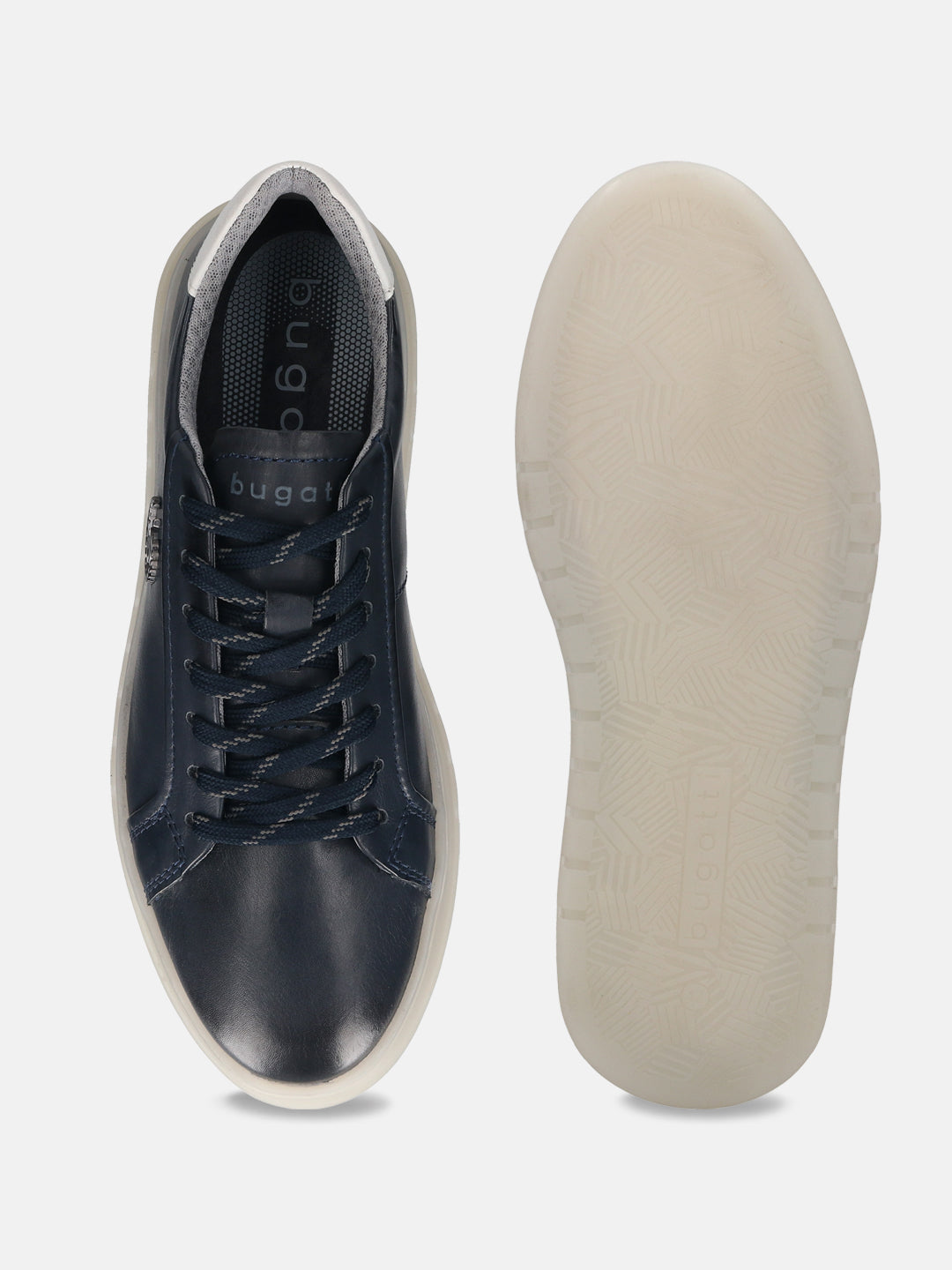 Dark blue leather sneakers by bugatti, shown with contrasting white sole and laces.