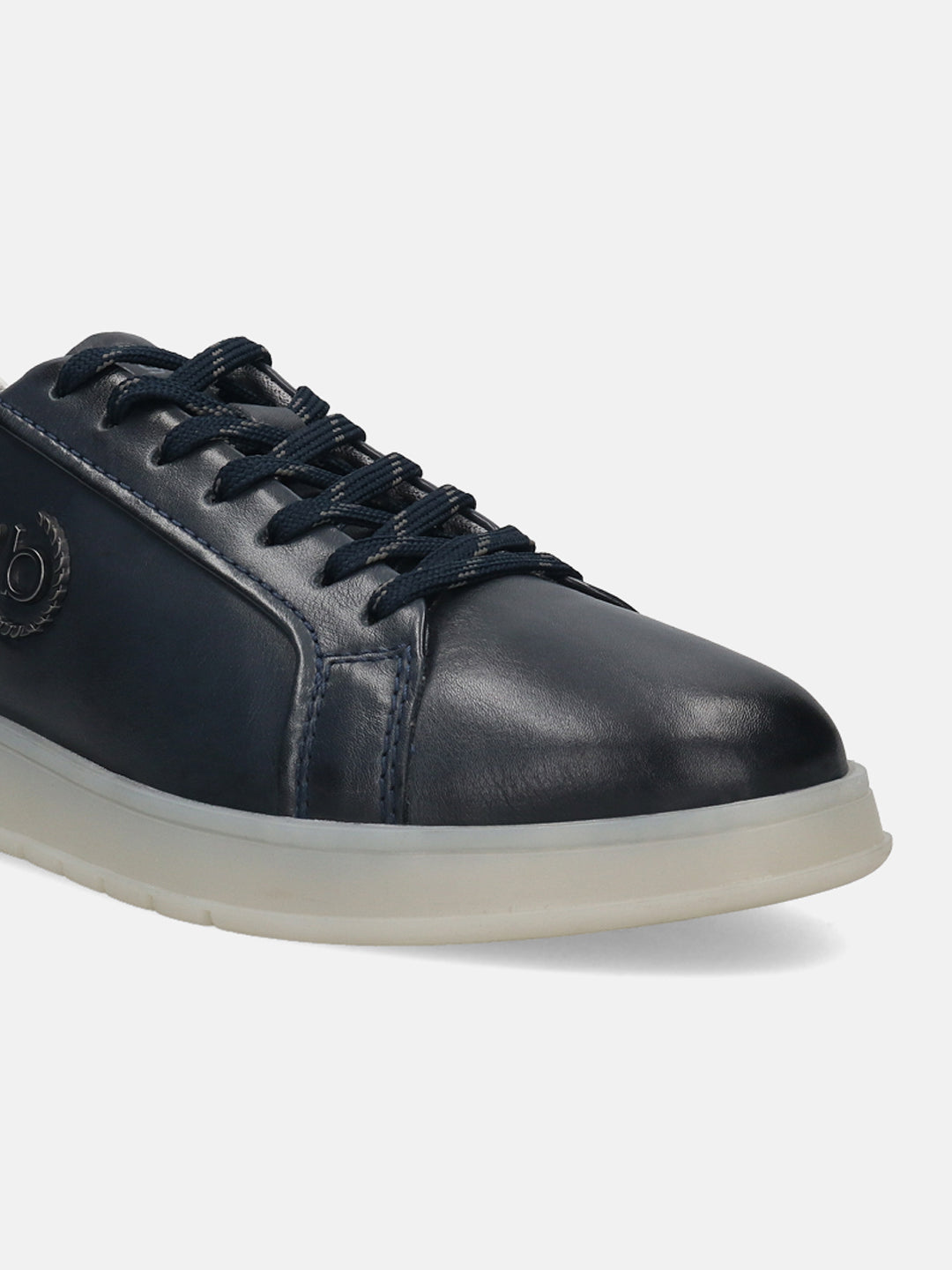 Dark blue leather sneakers by bugatti, featuring matching laces and a light-colored sole.