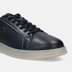 Dark blue leather sneakers by bugatti, featuring matching laces and a light-colored sole.