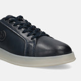Dark blue leather sneakers by bugatti, featuring matching laces and a light-colored sole.