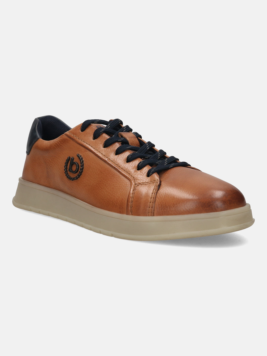 Cognac leather sneakers by bugatti, with dark blue laces and collar, atop a light beige sole.