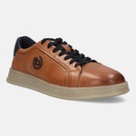 Cognac leather sneakers by bugatti, with dark blue laces and collar, atop a light beige sole.