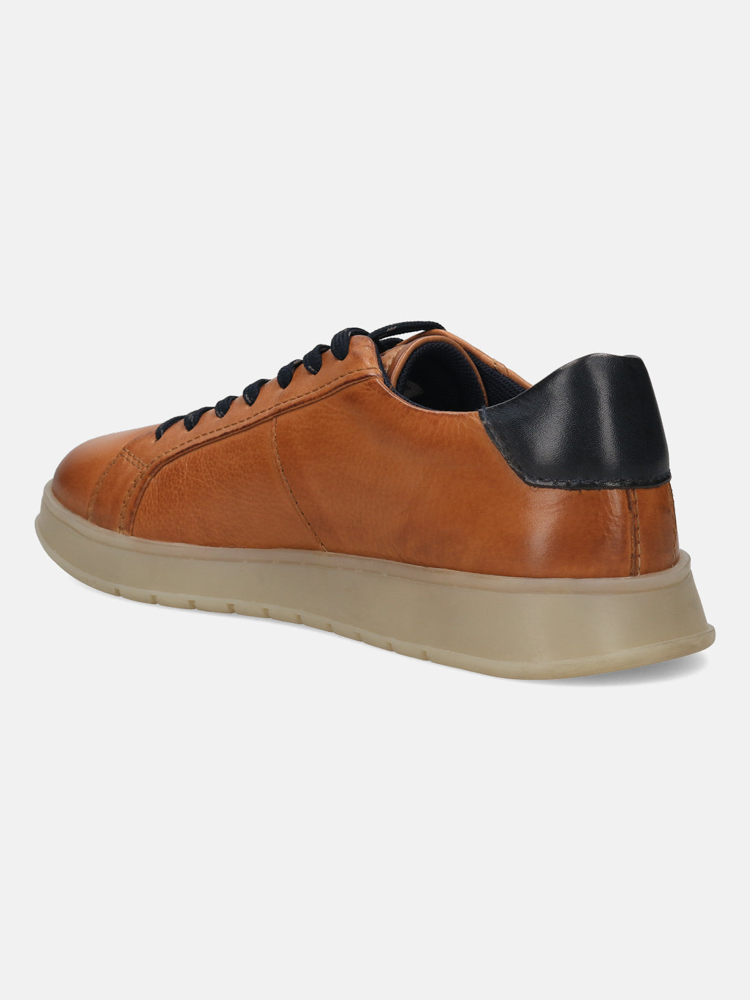 Cognac leather sneaker by bugatti with black heel detail and tan sole, shown in a rear angle view.