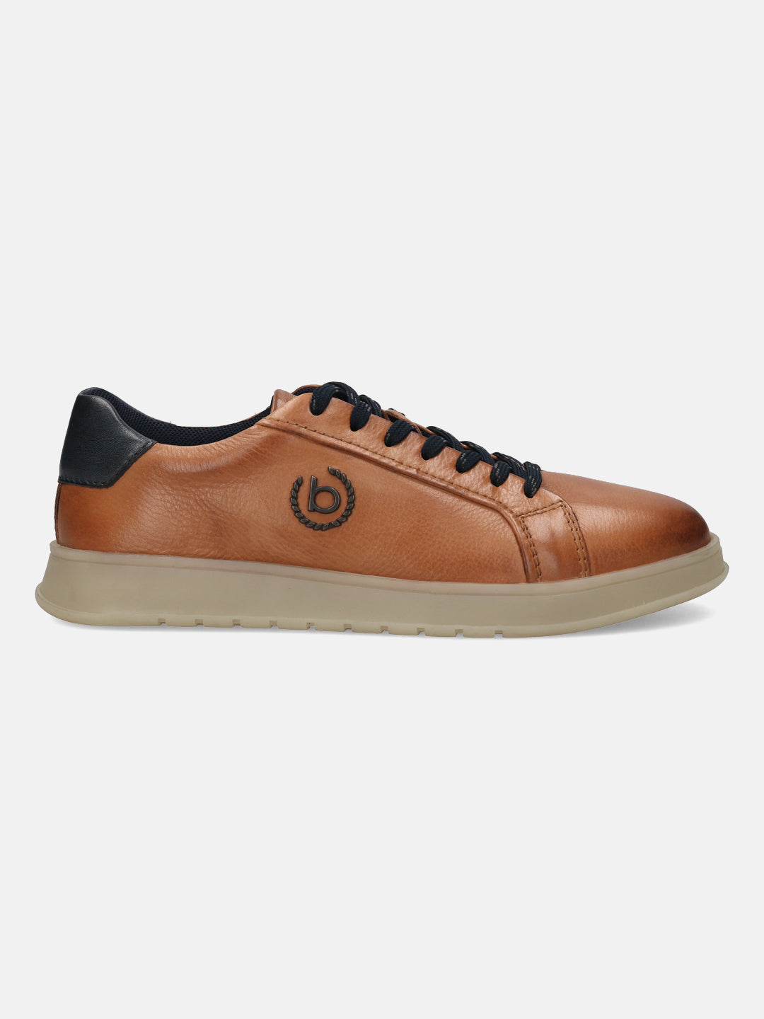 Cognac leather sneakers by bugatti, with black laces and heel accent on a tan sole.