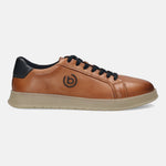 Cognac leather sneakers by bugatti, with black laces and heel accent on a tan sole.
