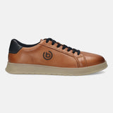 Cognac leather sneakers by bugatti, with black laces and heel accent on a tan sole.